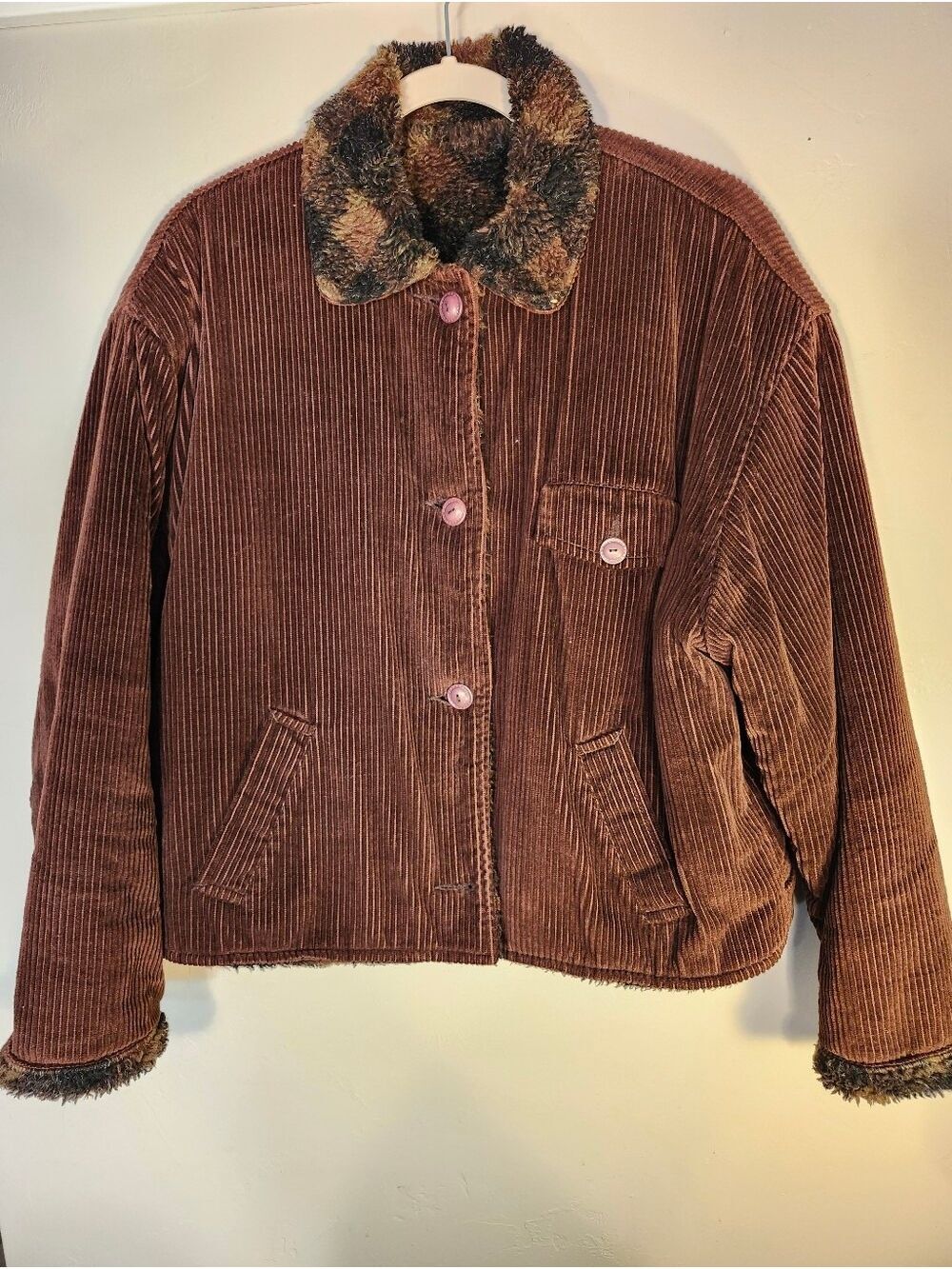 Classic Vintage Reversable Brown Corduroy Jacket And Faux Fur Check
